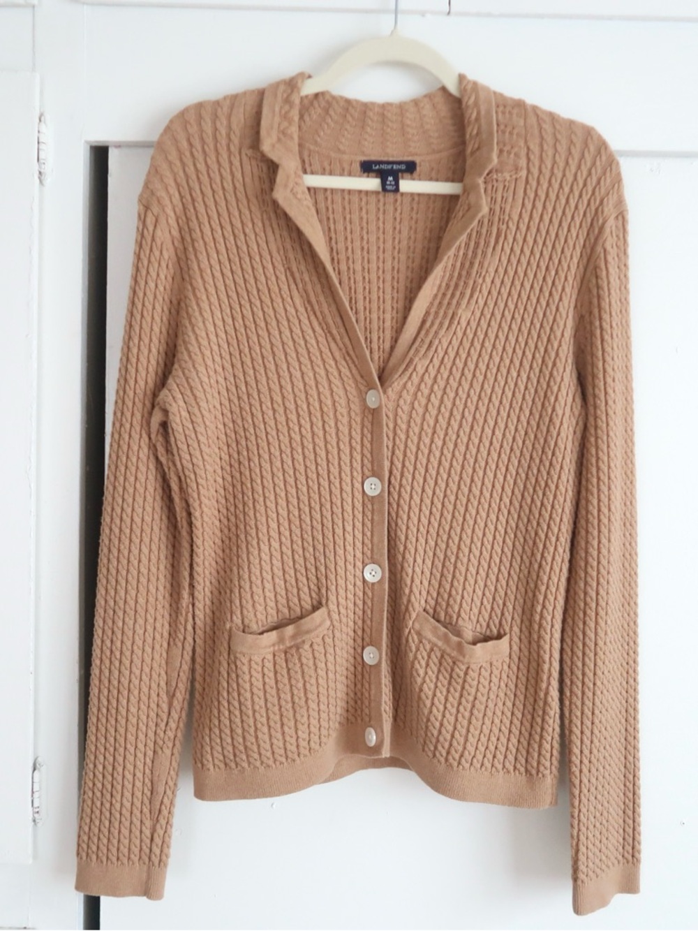 Lands' End Women's Camel Cable Knit Button-Front Cardigan